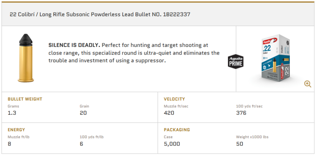 22 No Powder Aguila 22LR Colibri Sub Powderless 20grs 128m/s 500st - Interjakt SE